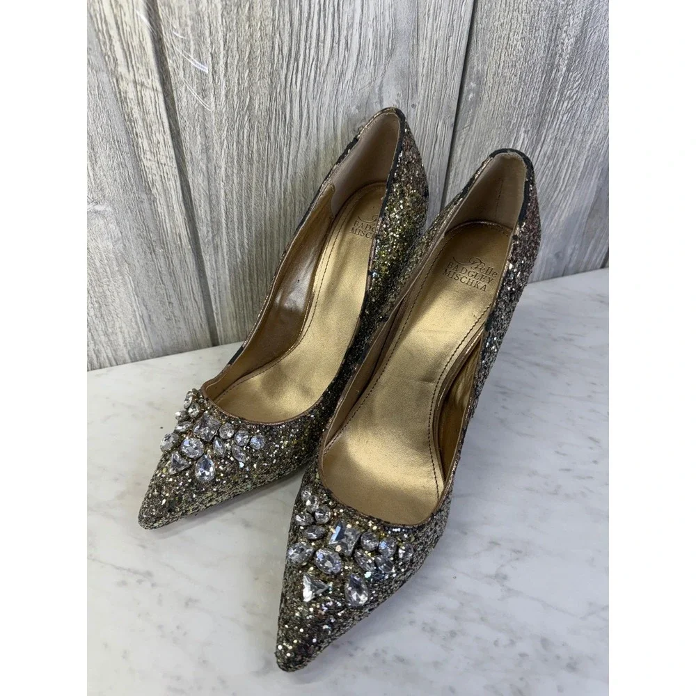 Belle Badgley Mischka Womens Gold Glitter Crystal Embellished Pumps Heels 8.5